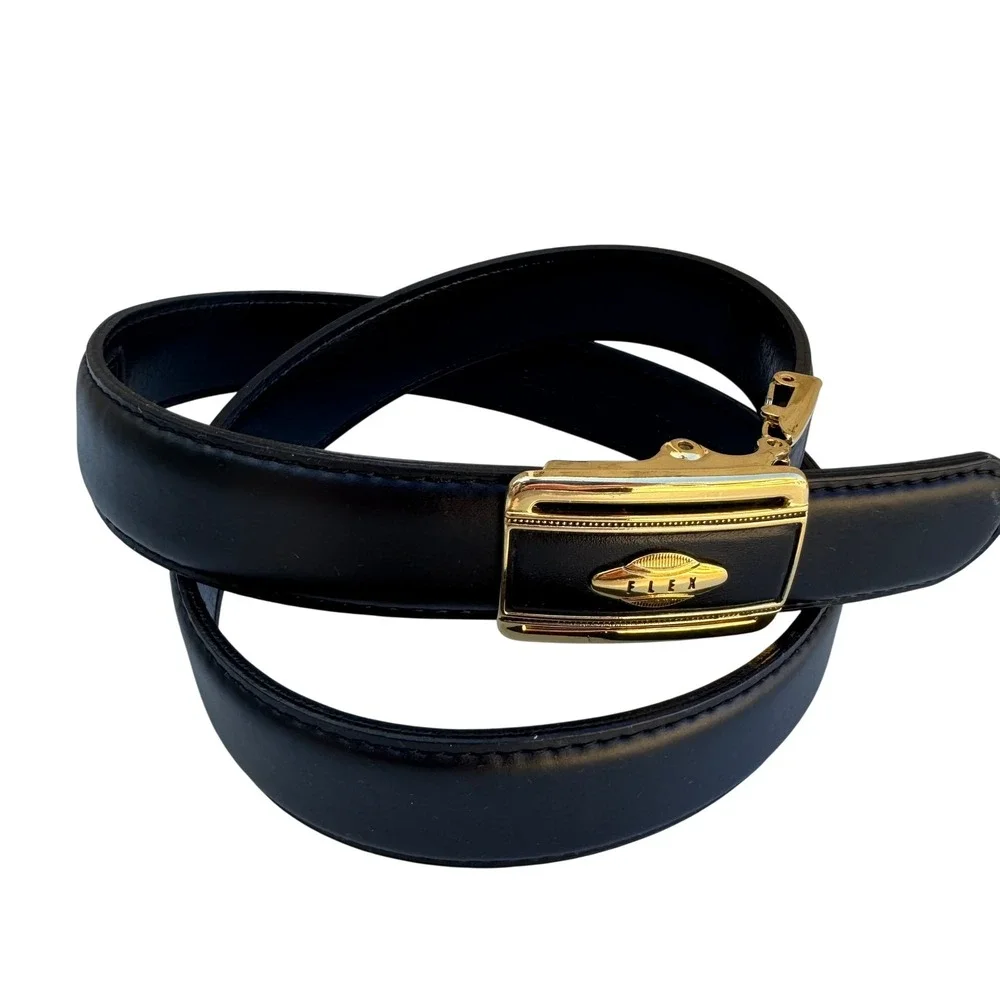 Flex Black Genuine Leather Belt Gold Button Lever‎ Buckle Made in USA Pat 097596